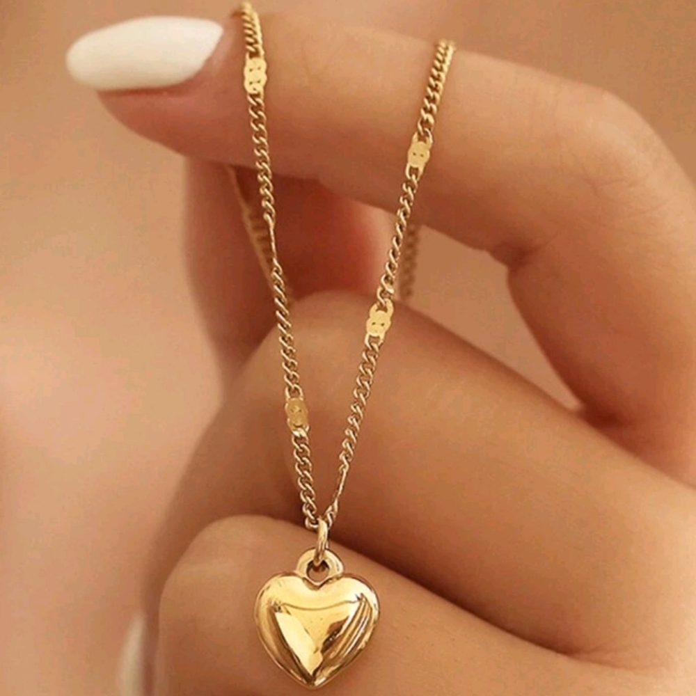 Fashion Necklace With Puffed Heart Pendant, Yellow Gold Tone